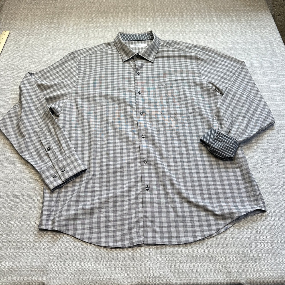 Tommy Bahama Newport Coast Shirt Mens XL Gray Plaid Pima Cotton Blend Contrast